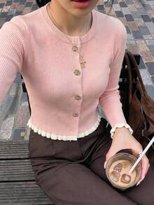 Women's Graduation Season Casual Vacation Round Neck Cream Yellow Ruffle Button Knit Pullover, Suitable For Work/Office - Pink - View 3