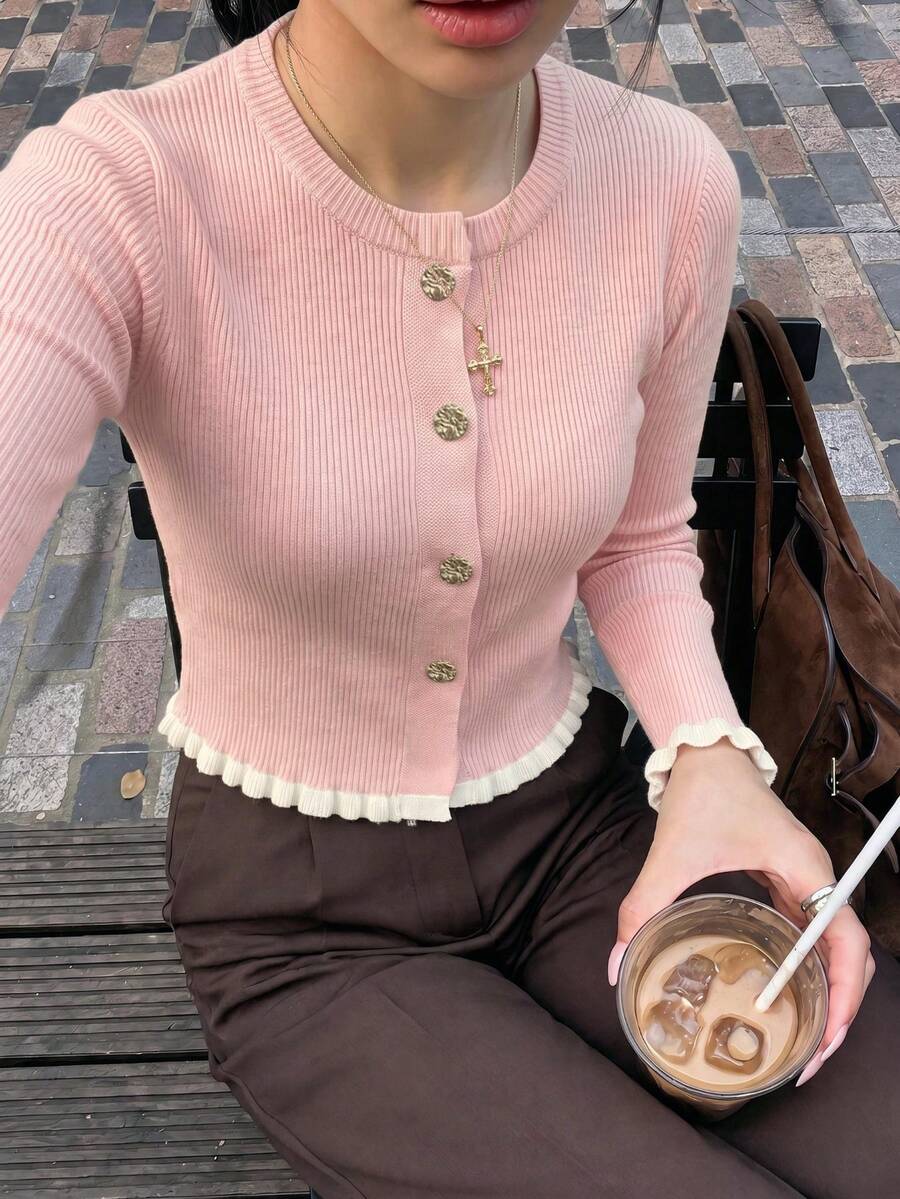 女款畢業季休閒度假圓領奶油黃荷葉邊鈕扣針織套頭衫，適合上班/辦公室 - 粉色 - 查看 1