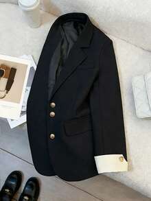 New Women's Black Blazer Jacket With Metal Buttons, Elegant And Versatile Fall - Black - View 8