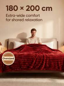 1pc Solid Color Striped Soft Warm Plush Blanket, Room Decor Multi-Functional Throw Blanket, Halloween Decoration Suitable For Bed, Sofa, Travel, Office, Bedroom Decor Home Decoration All Season Use, Christmas Decoration Halloween Is The Perfect Gift For Friends And Family - Burgundy - View 15