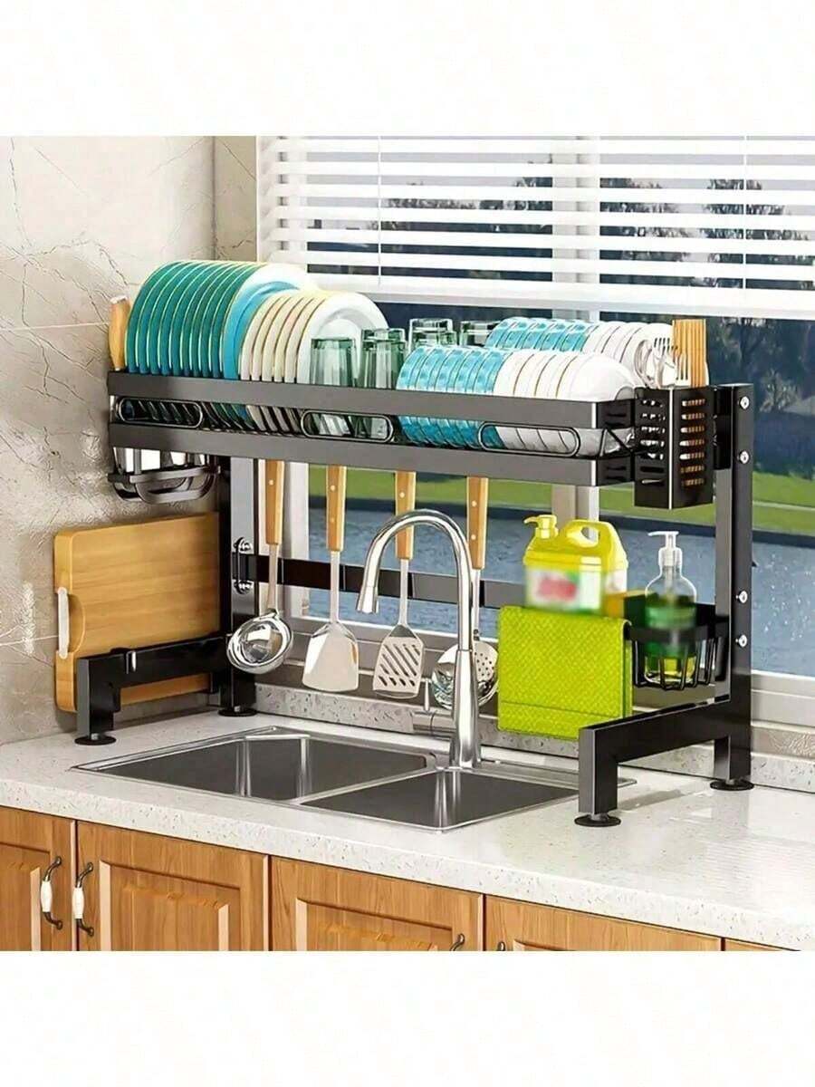1 buah Organizer Wastafel Dapur Dua Lapis, Rak Piring Dapur, Rak Penyimpanan Dapur, Organizer Peralatan Dapur Elegan, Aksesoris Dapur - Hitam - View 1
