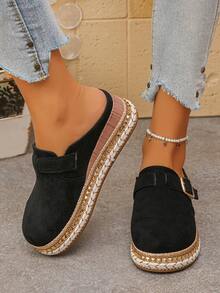 Women's Elegant Round Toe Buckle Black Half-Slip Spring/Autumn New Daily Wear Black Shoes Wide Toe Thick Sole Slippers - Black Suede - Small Square Buckle - View 5