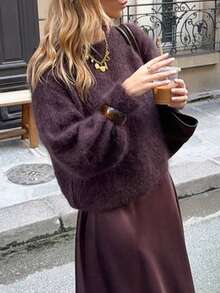 FOR BEAUTY Fall Winter Women Sweaters Y2K Chic Dark Brown Fuzzy Mohair Knit Tops Crewneck Loose Pullover Drop Shoulder Office Brunch Outfits - Red Coffee - View 3