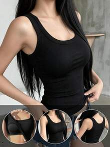Solid Color U-Neck Ribbed Tank Top With Built-In Pads, Wide Strap Slim Fit Sleeveless Basic Top, Casual Everyday Home Inner Wear Camisole - Black - View 1