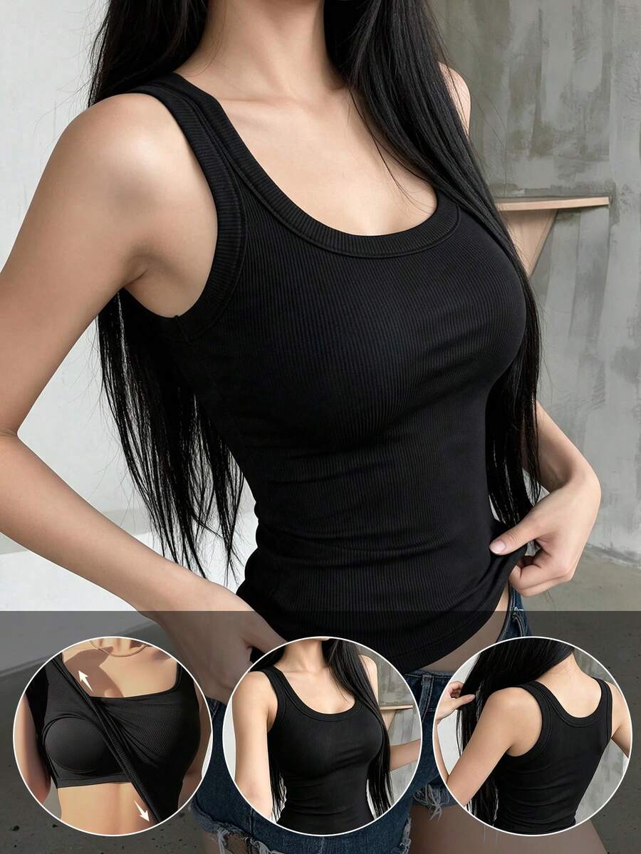 Solid Color U-Neck Ribbed Tank Top With Built-In Pads, Wide Strap Slim Fit Sleeveless Basic Top, Casual Everyday Home Inner Wear Camisole - Black - View 1