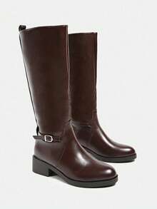 Women's Plus Size Dark Brown Round Toe Knee-High Riding Boots, Ankle Metal Buckle Strap Slip-On Low Chunky Heel Tall Boots, Suitable For Daily Commute Autumn/Winter Outfits - Brown - View 3