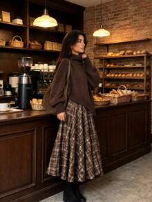 Women's Vintage Casual A-Line Midi Skirt, Plaid Pattern Brown Skirt, Suitable For Commuting, Shopping, Dating, Comfortable And Elegant - Brown - View 3