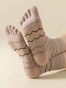 1/5 Pairs Women's Pure Cotton Fair Isle Anti-Odor Five-Toe Mid-Calf Socks, Wavy Retro Pattern Split-Toe Casual Socks, Ideal Choice For Autumn/Winter - Multicolor - View 5