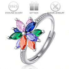1pc 925 Sterling Silver Jewelry, Exquisite Design, Inlaid With Various Colors Of Cubic Zirconia Gemstones, Flower-Shaped, With Rotating Function - Silver - View 9
