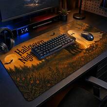 1pc Vintage Halloween Ghost Black Cat And Full Moon Print Extended Mouse Pad, Bat Forest Letter Graphic Keyboard Desk Mat, Spooky Desktop Decor - View 2