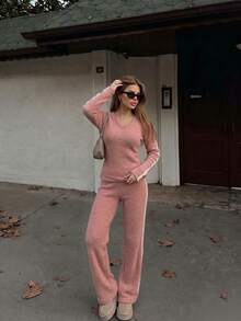 Women Striped Side V‑Neck Long Sleeve Knit Top & Flare Pants Two‑Piece Outfit, Casual Soft Loungewear Set - Pink - View 1