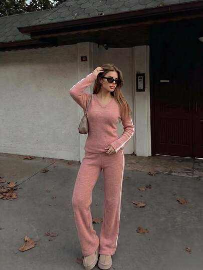 Women Striped Side V‑Neck Long Sleeve Knit Top & Flare Pants Two‑Piece Outfit, Casual Soft Loungewear Set