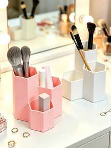 Ins Style Hexagonal Multi-Compartment Makeup Brush Holder, Vanity Makeup Organizer Box, Lightweight Plastic Multi-Purpose Desktop Cosmetic & Stationery Dual-Use Pen Holder - Multicolor - View 4