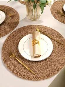 1/4/6pcs Bohemian Style Solid Color Woven Round Placemats, Table Decor, Home Party Table Setting, Home Decoration, Christmas Decor, Halloween Decor, Thanksgiving, Back To School, Valentine's Day, Party - Mocha Brown - View 3