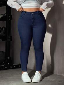 ALO FASHION Jeans pitillo de talla grande para mujer en lavado oscuro, pantalones largos de mezclilla con botones y bolsillos, versátiles para el otoño - Azul - Ver 5