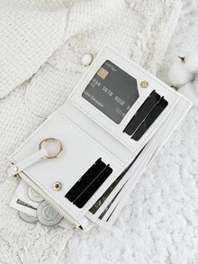 Women's Multi-Function Short Zipper Wallet, Foldable Card Holder With Snap Closure, Small Ring Wrist Strap Decor, Suitable For Outdoor Use - White - View 9