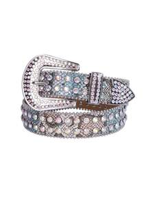 1pc Sparkling Rhinestone Belt Street Fashion Suitable For Plus Size Women And Men - Perfect For Western Cowgirl And Cowboy Outfits, Dresses And Jeans - Dusty Blue - View 7