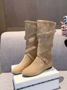 Women's Mid-Calf Boots Vintage Ruched Stacked Boots 2026 New Style Hidden Heel Cross Strap High-Top Boots Round Toe Versatile Western Cowboy - Camel - View 8