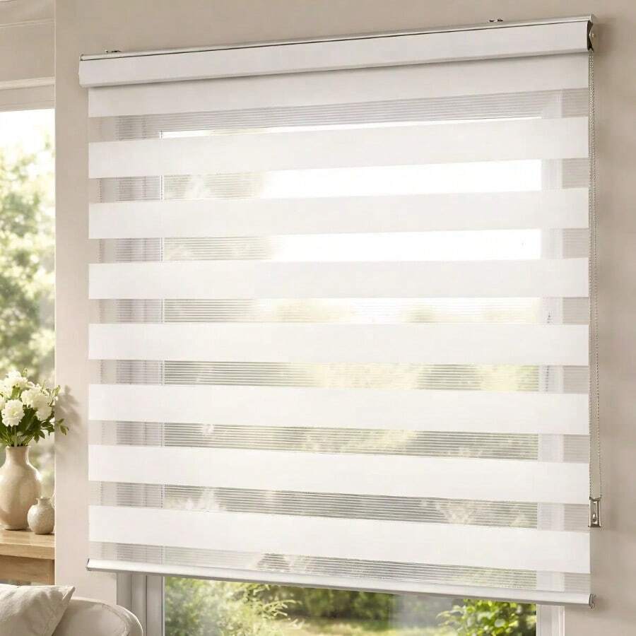 Persiana Enrollable Roller Duo 140x200 cm, Cortina Zebra Doble Capa Ajustable para Control de Luz y Privacidad, Diseño Moderno para Sala, Recámara y Oficina - Beis - Ver 1