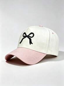 1pc Unisex Color‑Block Curved Brim Baseball Cap, Black Bow Embroidery, Adjustable Strap, For Daily, Street, Outdoor, Travel Wear - Multi-color - View 4
