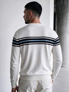 Men's Beige Crew Neck Knit Sweater With Contrast Horizontal Stripes On Chest, Old Money Style, Light Business Casual Pullover Layering Top For Autumn/Winter - White - View 2