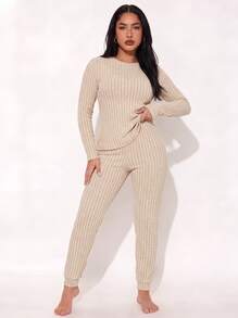 2pcs/Set Set Pakaian Santai Wanita Leher V dengan Manset untuk Musim Semi, Musim Panas, dan Musim Gugur, Set Piyama Rajut Bergaris Leher Bulat Longgar yang Elegan - Aprikot - View 7