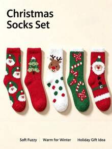 1/3/6 Pairs Women's Christmas Cartoon Mid-Calf Socks, Thickened Home Floor Socks For Autumn/Winter - Multicolor - View 2