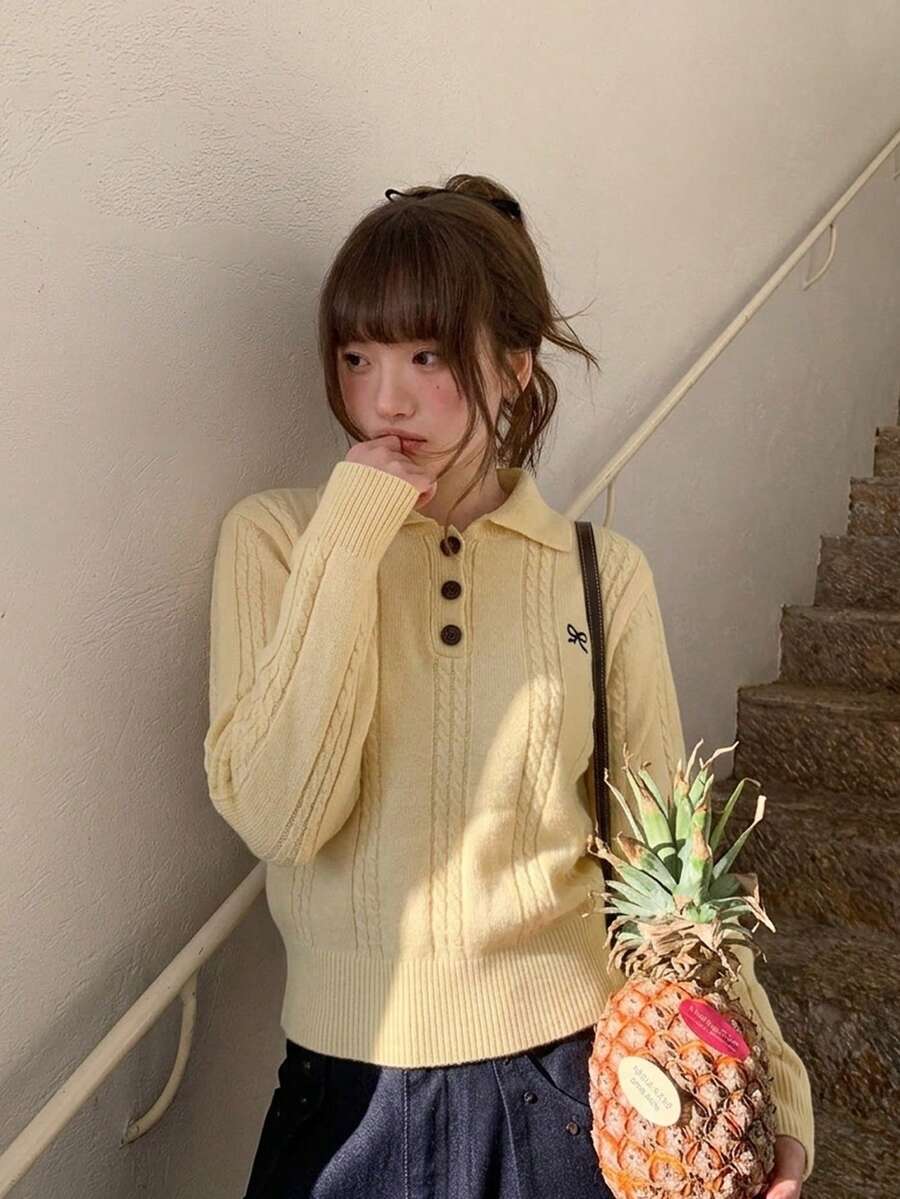 Women's Lazy Turn-Down Collar Cable Knit Loose Embroidered Vintage Sweater, Commuter Versatile Slimming Top - Yellow - View 1