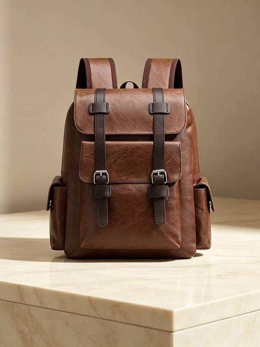 Men's Vintage Leather Backpack, Casual Business Travel Rucksack With Multiple Pockets, Classic Waterproof School Bag For Men - Coffee - View 1