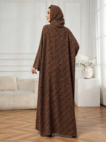 Women's Dark Brown Ditsy Floral Abaya Dress With Matching Hooded Hijab, Long Sleeve Loose Fit Floor Length Ramadan Prayer Robe For Ramadan And Eid - Brown - View 3