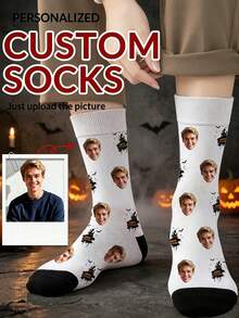 1 Pair Customized Face Photo Men's Halloween Socks, Birthday, Valentine's Day Gift, Halloween Prank Gadget, Colorful Cartoon Print, Combines Personality And Fun, Suitable For Daily Wear, Home, Commuting - Multicolor - View 10