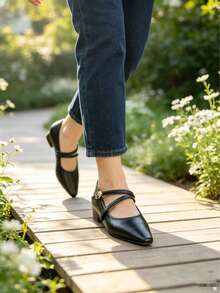 Black Pointed Toe Mary Jane Shoes, Thin Strap Metal Buckle, Low Shaft Gentle Commuter Women's Shoes - Black - View 3
