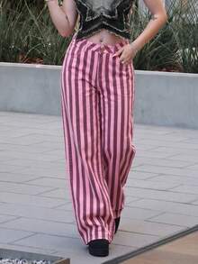 Women's Casual Pink Striped Denim Jeans, Long Straight Leg Pants - Pink - View 3