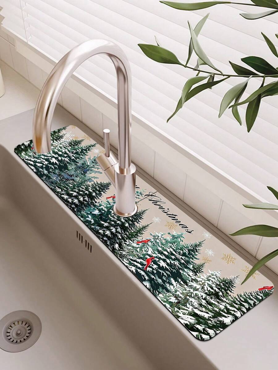1pc Sink Faucet Absorbent Mat, Christmas Cedar Pattern, Drainage Mat, Suitable For Kitchen, Bathroom Sink, Countertop, Drainage Mat, Diatomaceous Earth Material, Trimmable, Quick-Dry Mat - Multicolor - View 1