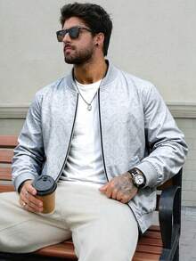 Men's Casual Flight Jacket, Embossed Phoenix Print Texture Chinese Style Baseball Collar Top, Suitable For Spring And Autumn Outdoor Windproof Wear - Light Grey - View 6