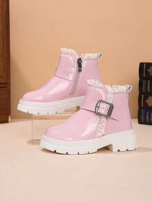 1 Pair Girls' Lace Trim Simple Thick Sole Ankle Boots, Autumn/Winter Vintage Buckle Side Zipper Campus British Style Non-Slip Boots - Pink - View 6