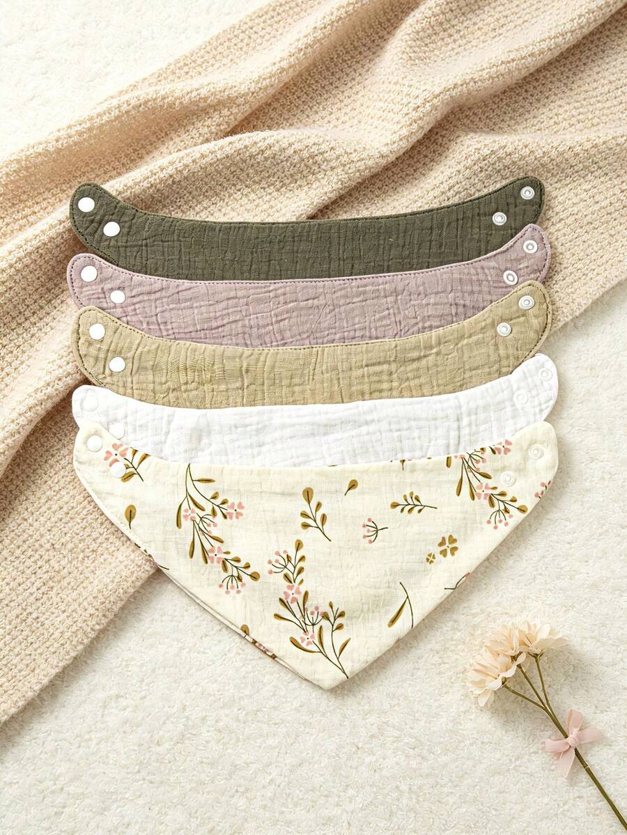 5pcs Fine Cotton Baby Triangle Bibs With Adjustable Snap Buttons, Suitable For Teething Newborns - Multicolor - View 1