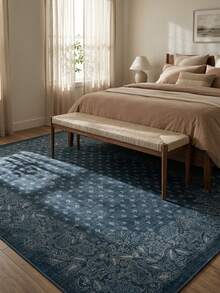 1PC Deep Blue Floral Border Dotted Area Rug, Faux Cashmere Material Rectangular European Vintage Damask Pattern, Machine Washable Suitable For Living Room Bedroom Daily Home Decor, Aesthetic Home Decoration - Multicolor - View 5