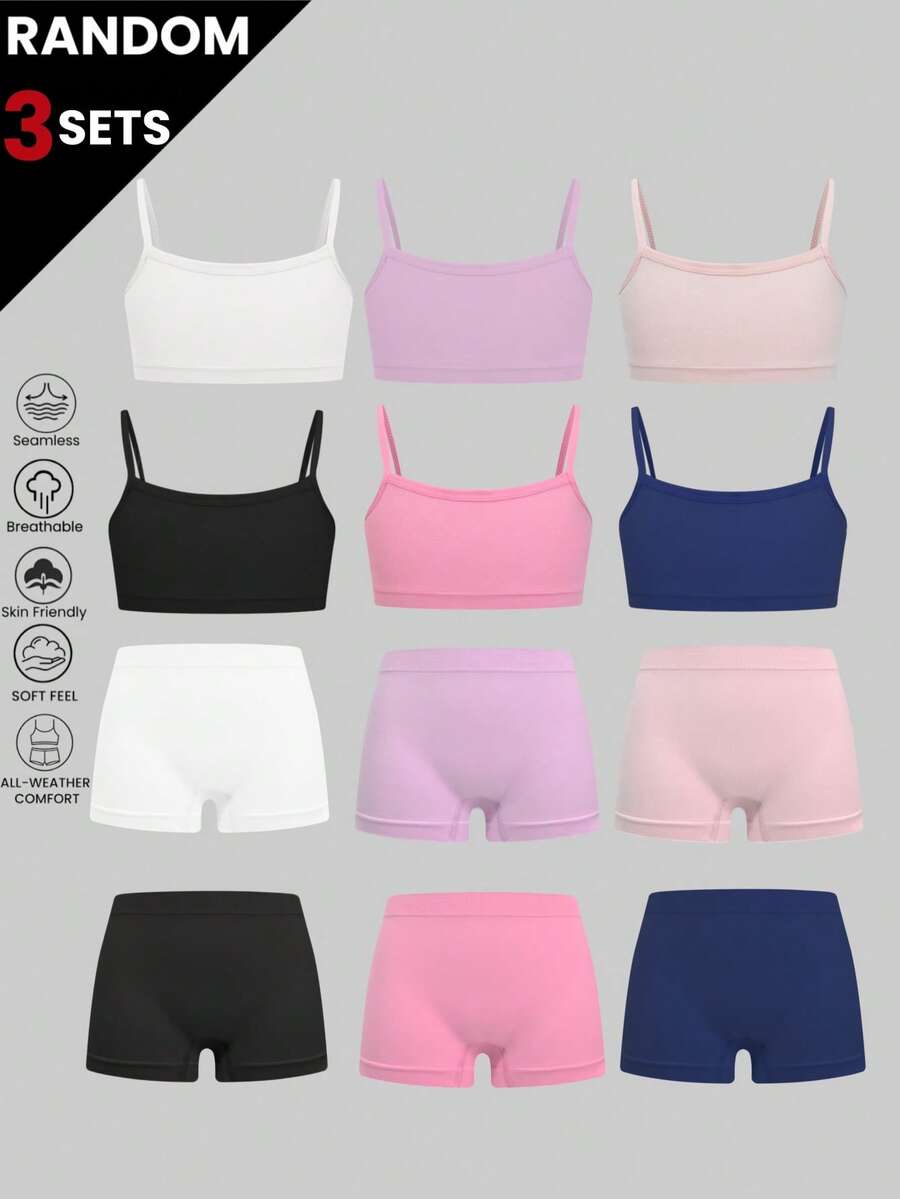3Sets Random Color Girls Seamless Unpadded Training Bra Shorty Panties ...