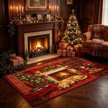 1pc Christmas Series Fireplace Cat & Dog Warm Pattern Printed Faux Wool TPR Bottom Door Mat, Bathroom Mat, Kitchen Mat, Laundry Room Mat, Holiday Atmosphere Decor, Home Decor, Party Decor, Wedding Decor, Dining & Kitchen Decor - Multicolor - View 2