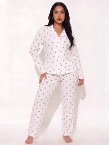 2pcs Women Loose Comfortable Breathable Long Sleeve Top + Long Pants Pajama Set, Cute Loungewear - White - View 2
