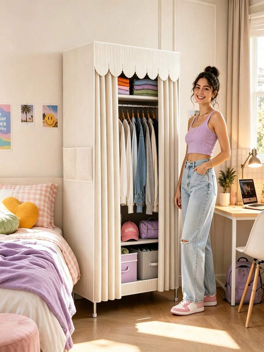 Off-White Striped Simple Fabric Wardrobe, Compatible With Plastic Hangers, Side Mesh Pocket, Metal Frame With Foot Pads, For Bedroom Clothes Storage, Dustproof & Bedroom Organization - Multicolor - View 1