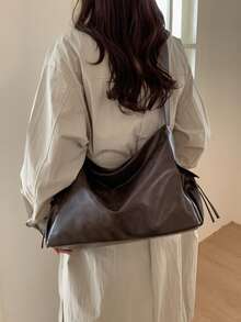 Fashion Solid Color PU Shoulder Tote Bag, Suitable For Women's Shopping, Commuting And Daily Use - Coffee - View 4