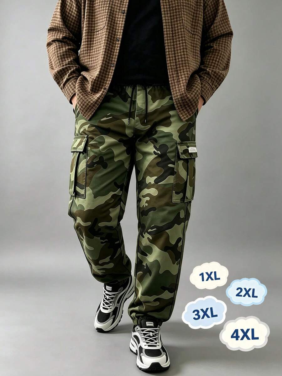 Men's Plus Size Camouflage Cargo Pants, Autumn/Winter, Tapered Leg, Elastic Waistband, For Tall Men