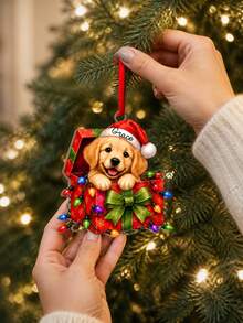 1pc Custom Photo Name Christmas Dog Ornament, Personalized Pet Portrait Tree Decor, Golden Retriever In Gift Box, Name On Santa Hat, Red Ribbon Holiday Keepsake, Red Green Festive Puppy Design, Pet Lover Gift, Christmas Decoration,Christmas Gift - Multicolor - View 5