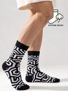 1 Pasang Kaos Kaki Setengah Betis Motif Geometris Hitam & Putih, Kaos Kaki Panjang Katun Lembut dan Nyaman untuk di Rumah & Olahraga, Unisex - MultiWarna - View 5