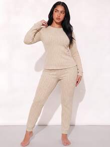2pcs/Set Set Pakaian Santai Wanita Leher V dengan Manset untuk Musim Semi, Musim Panas, dan Musim Gugur, Set Piyama Rajut Bergaris Leher Bulat Longgar yang Elegan - Aprikot - View 3