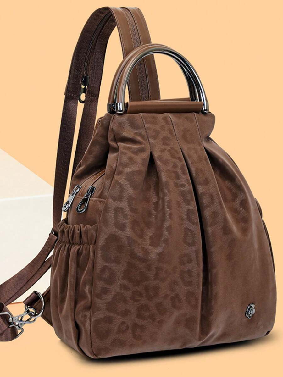 Light Luxury Leopard Print Backpack With Pleated Texture, Zipper Closure, Large Capacity, Commuter Casual Women's Bag - Multicolor - View 1
