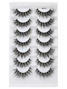 7 Pairs Natural Long False Eyelashes, Fluffy Curly Handmade Strip Lashes, Long Dense Lightweight Cat Eye Look, Suitable For Girls' Daily Wear - Black - View 2