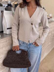 Live To Mo Women's V Neck Asymmetric Button Knit Cardigan, Minimalist Solid Color Long Sleeve Sweater,Casual For Fall Back To School & Business Wear - Oatmeal - View 3